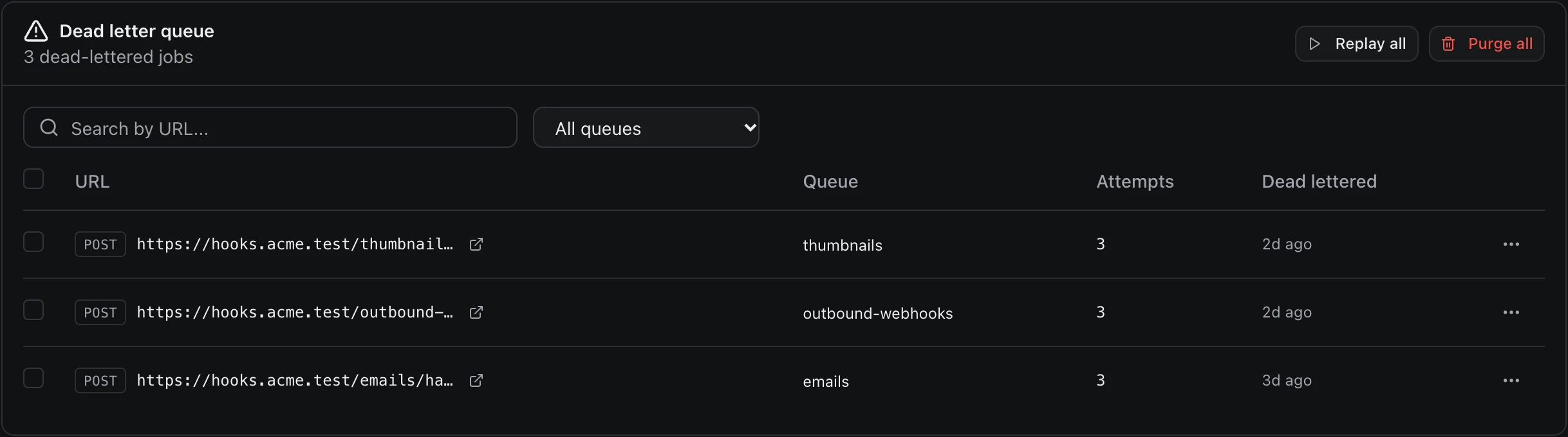 The dead letter queue with three jobs ready to replay