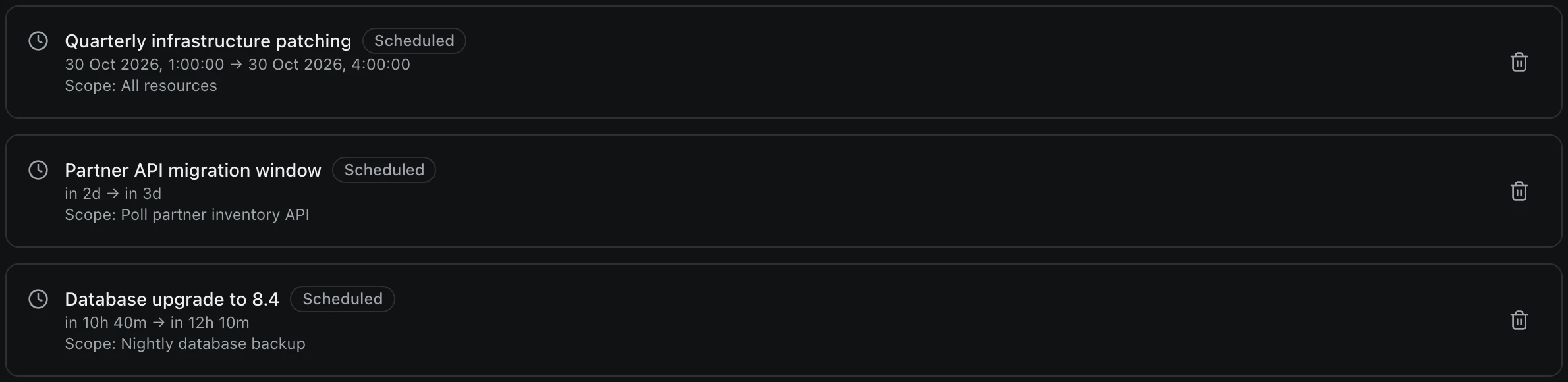 Three scheduled maintenance windows, each scoped to a job or to all resources